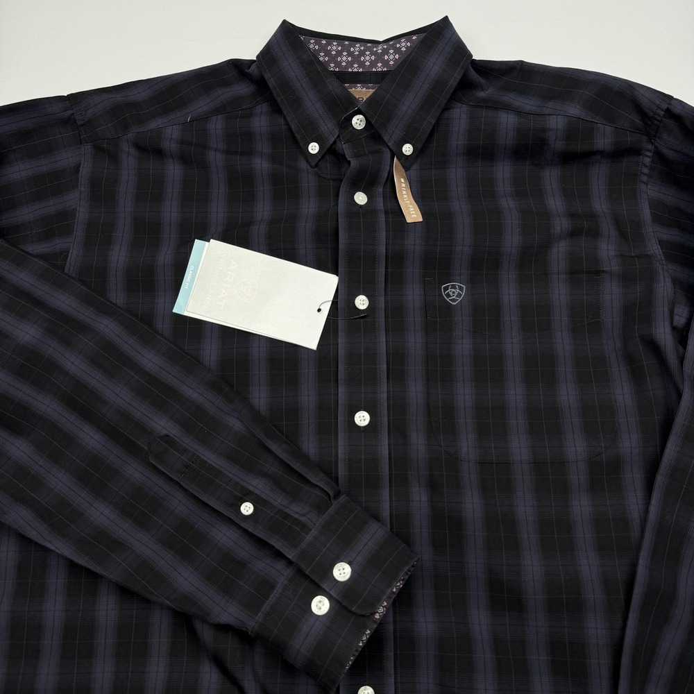 Ariat Shirt Mens Large Black Plaid Long Sleeve Button Up Wrinkle Free Casual